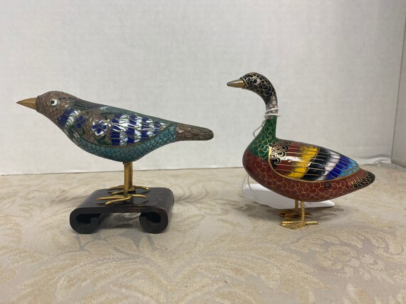 2 China Cloisenne Bird Figures with One Stand
