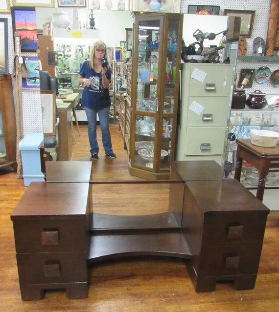 Walnut vanity with huge mirror