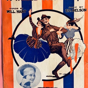 May include: A vintage sheet music cover featuring a cartoon illustration of three people dancing. The title of the song is "When Yankee Doodle Learn To Parlez Vous Français". The words "Words by Will. Hart" and "Music by Ed. Nelson" are printed on the cover.
