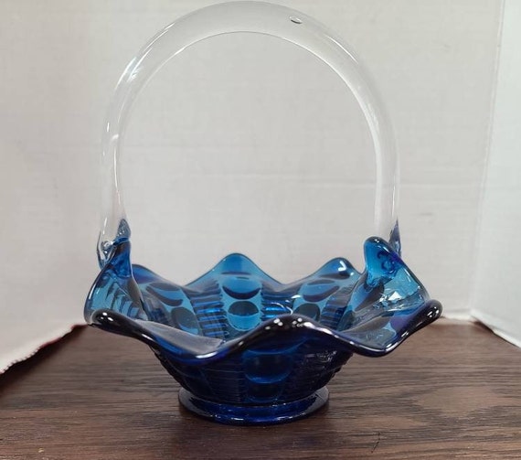 Blue ruffle edge glass basket