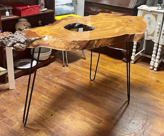 Driftwood table with hairpin legs