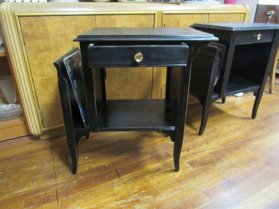 Vintage black end tables with magazine holders
