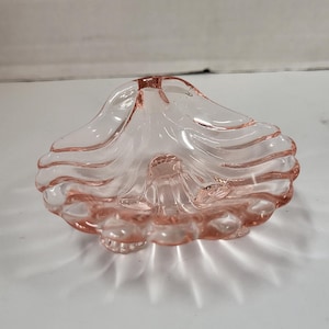 May include: A small, pink glass dish shaped like a seashell. The dish has a scalloped edge and a smooth, rounded interior.
