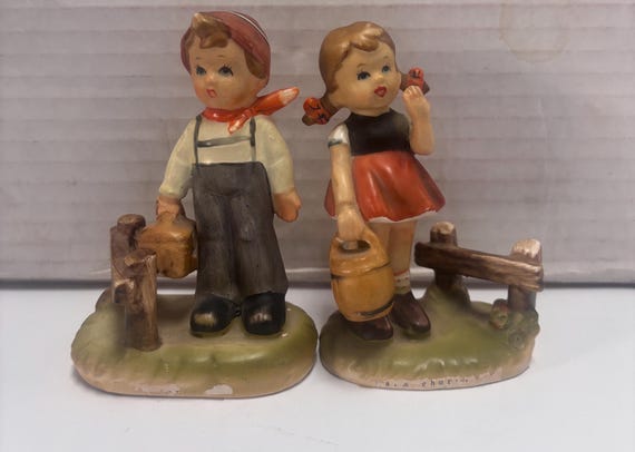 Pair of Eric Stauffer Boy and Girl With Lunch Baskets Figurines