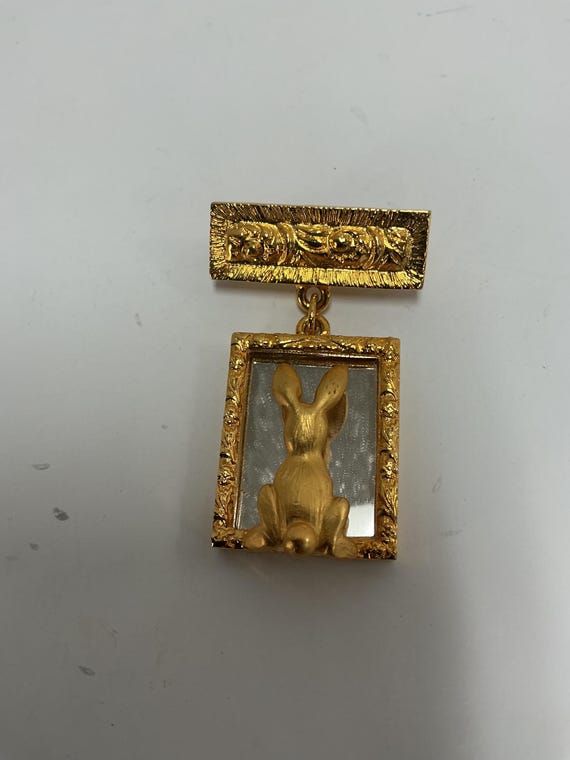 Gold tone Rabbit mirror brooch