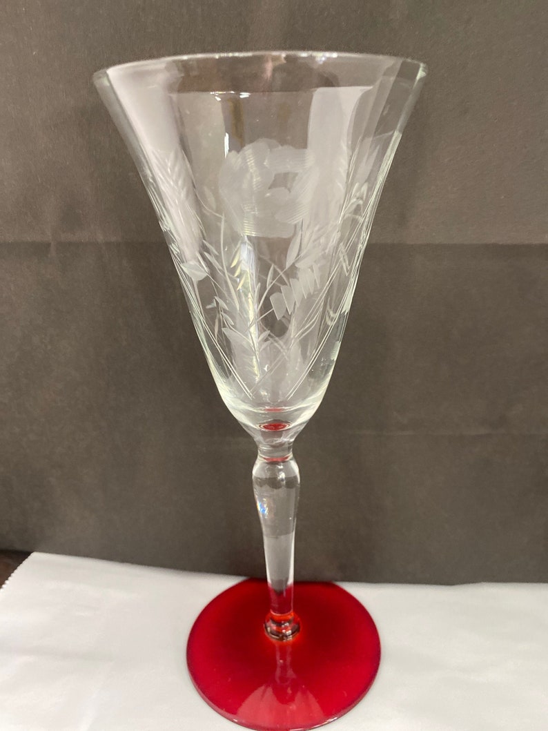 Ruby red base etched stemware image 1