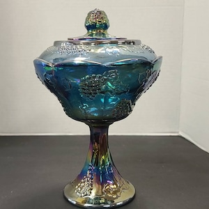 Carnival glass footed candy dish with lid amber/ blue