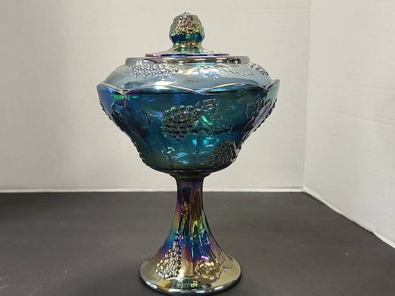 Carnival glass footed candy dish with lid amber/ blue