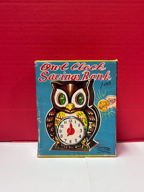 Tin Owl Mechanical Clock  Savings Bank with box
