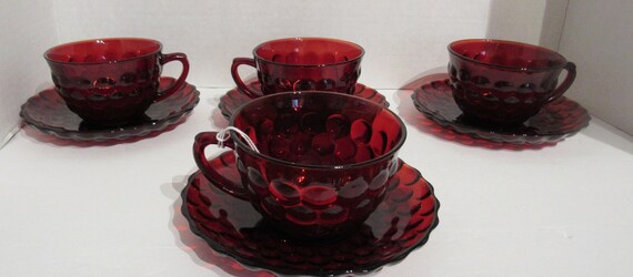 Fire King Ruby Bubble cups and saucers