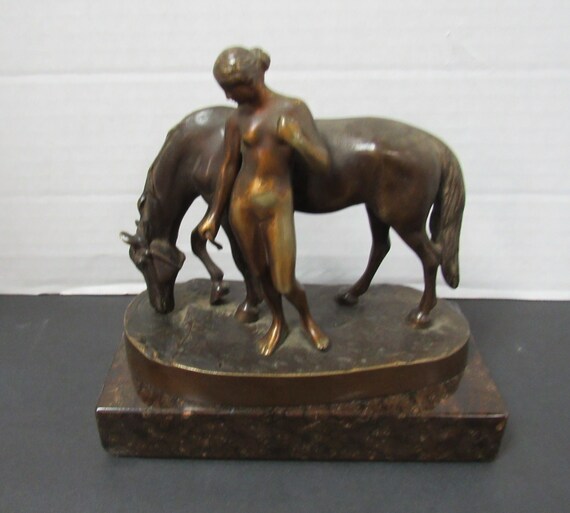 Bronze sculpture nude woman and drinking horse