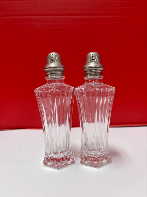Large Glass Salt and Pepper Shakers With Plated Tops