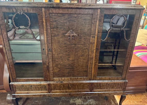 Antique Burl wood display cabinet buffet