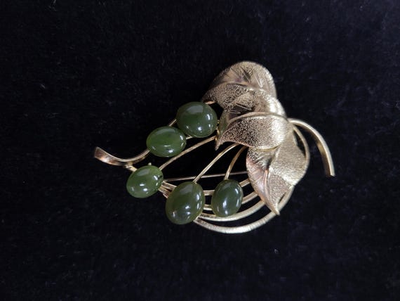 Gold Tone Jade Brooch