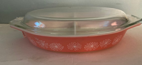 Vintage Pyrex Pink Daisy divided casserole