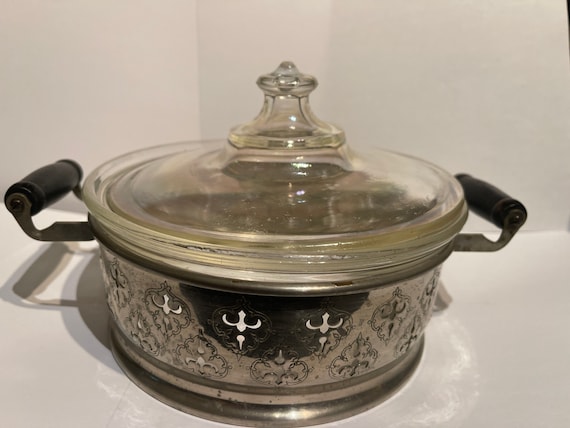 Pyrex bowl with silver plate holder