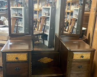 Burlwood Vanity with tri-fold Mirror