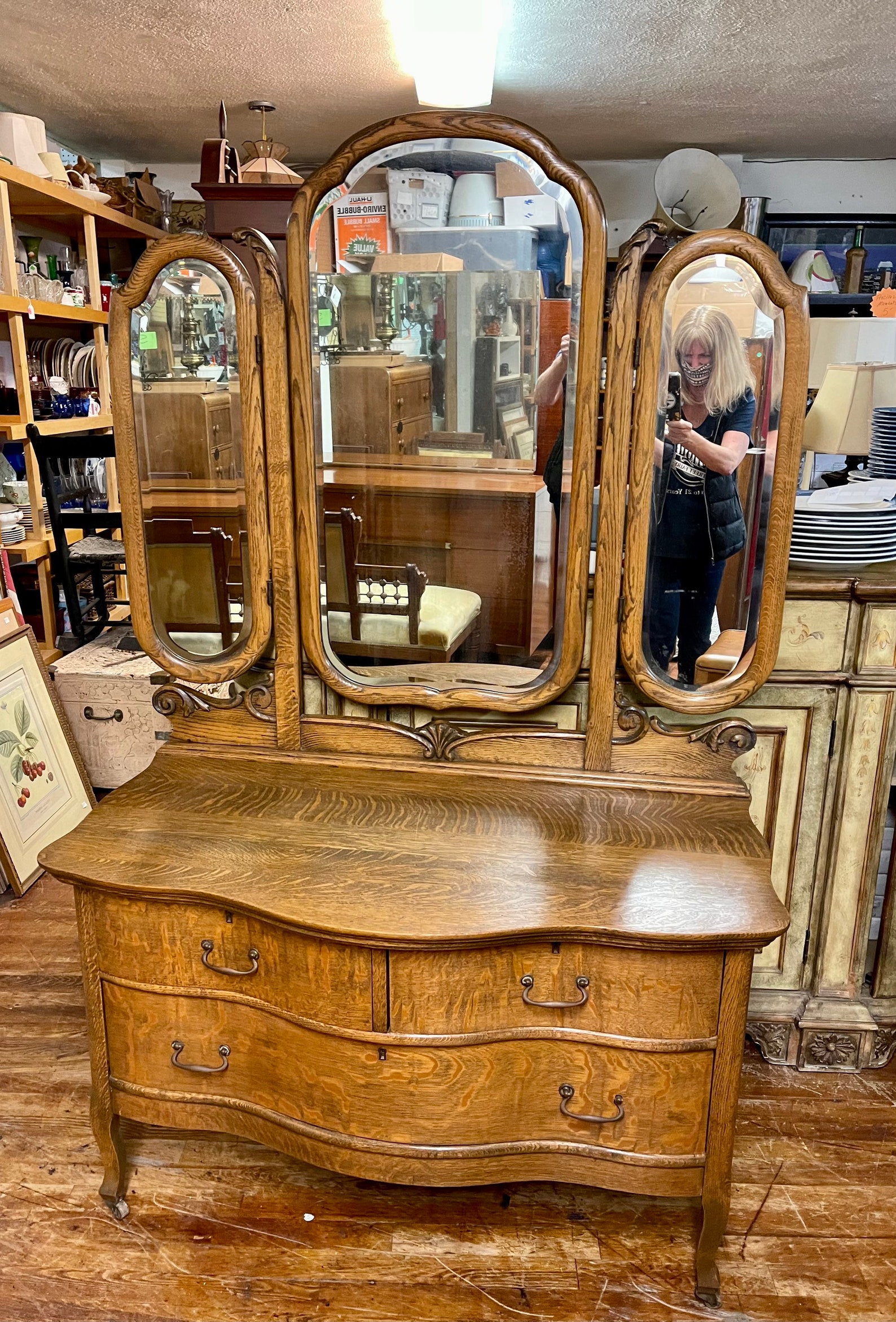 Tiger Oak Triple Mirror Dresser Etsy