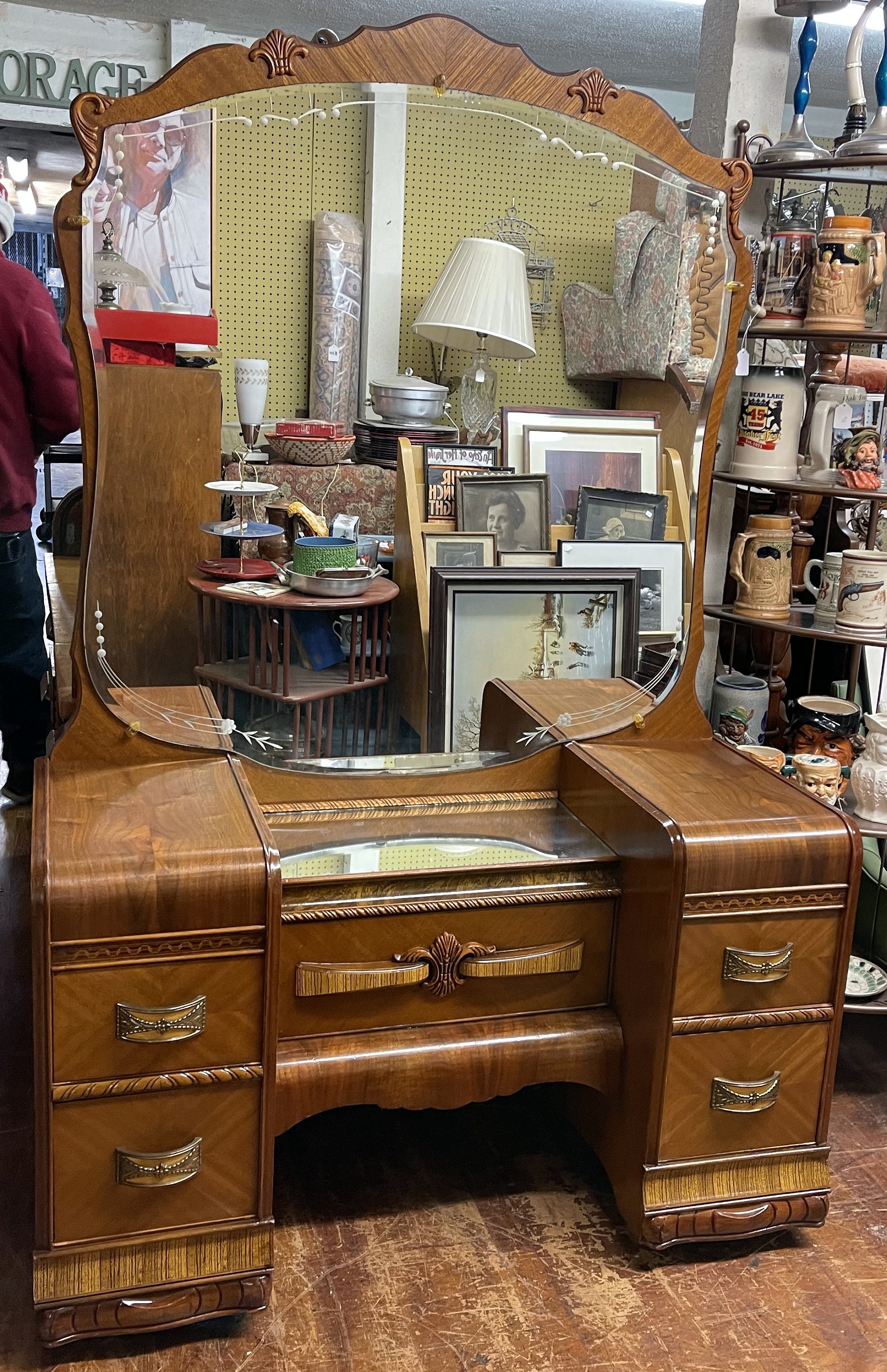 Art Deco Waterfall Vanity Makeup Table With Mirror Shell Bakelite Handles