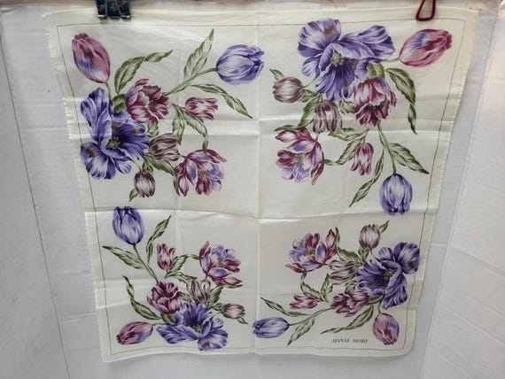 Vintage Hanae Mori Floral Silk Scarf: Red, Purple Roses, Hibiscus Designs