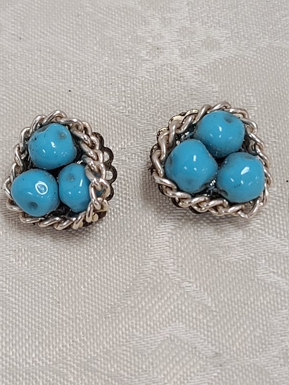 Clip On Blue and metal colored bead earrings