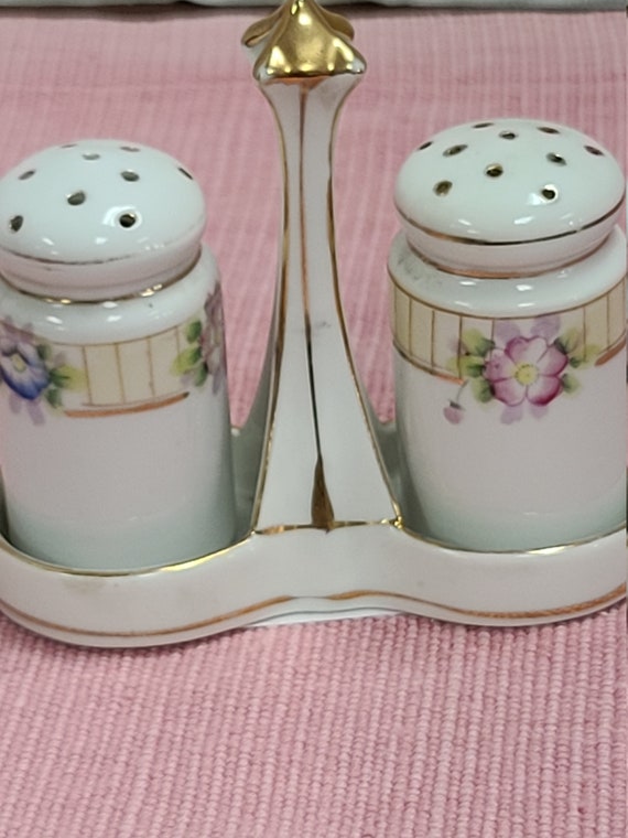 Nippon floral salt and pepper shakers with carrier