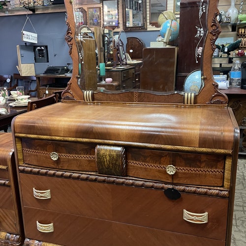 Art Deco Waterfall Highboy Dresser Mahogany Inlays Amber Mix Etsy
