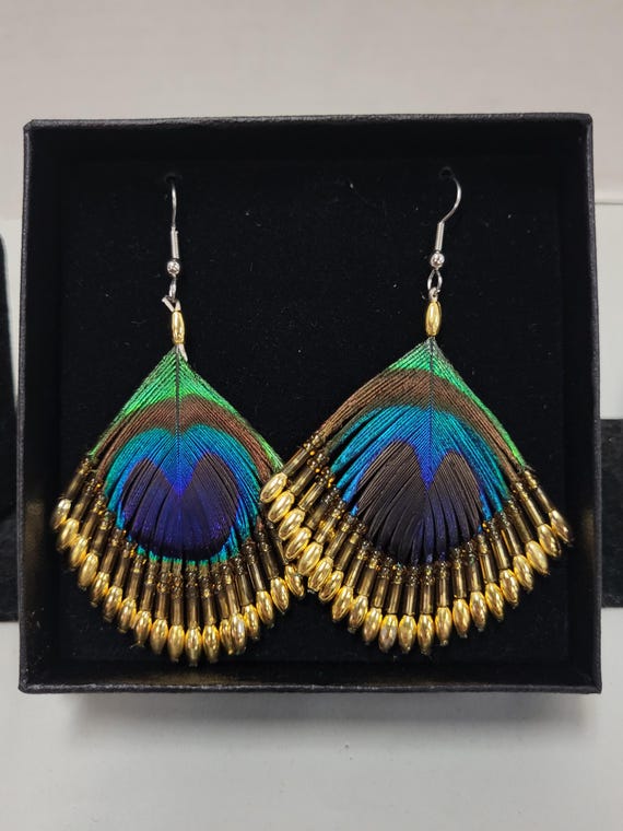Beaded Peacock Feather Earrings