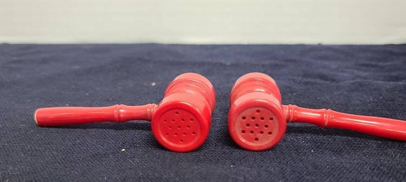 Red plastic Mallet salt and pepper shakers