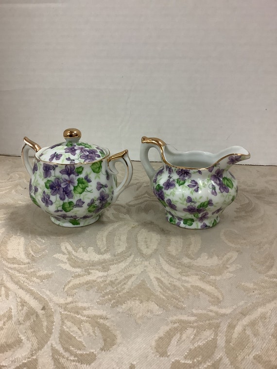 Lefton China Violet Chintz Sugar and Creamer Set