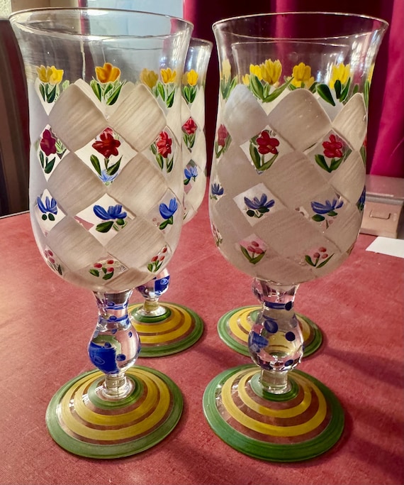 4 hand-painted floral goblets