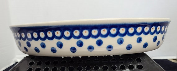 Blue polka dot oval dish made in Poland