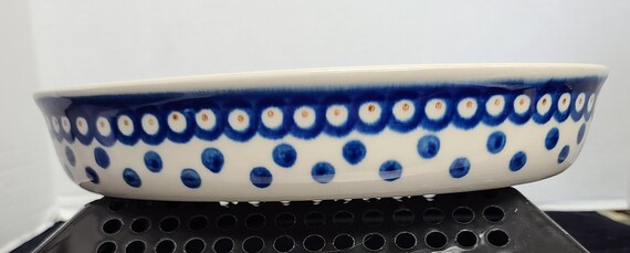 Blue polka dot oval dish made in Poland