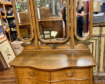 Tiger Oak Triple Mirror Dresser