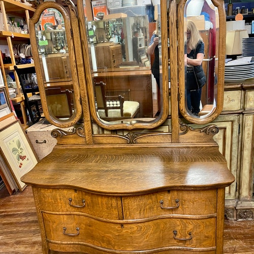 Antique Tiger Oak Dual Harp Washstand Beveled Mirror Etsy