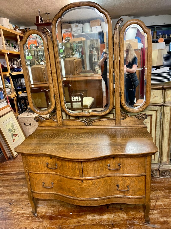 Tiger Oak Triple Mirror Dresser