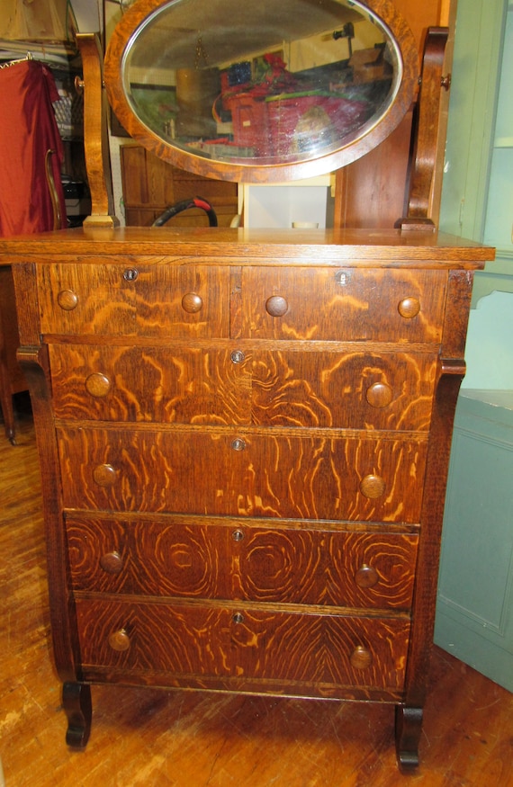 Tiger Oak Highboy Dresser with Mirror