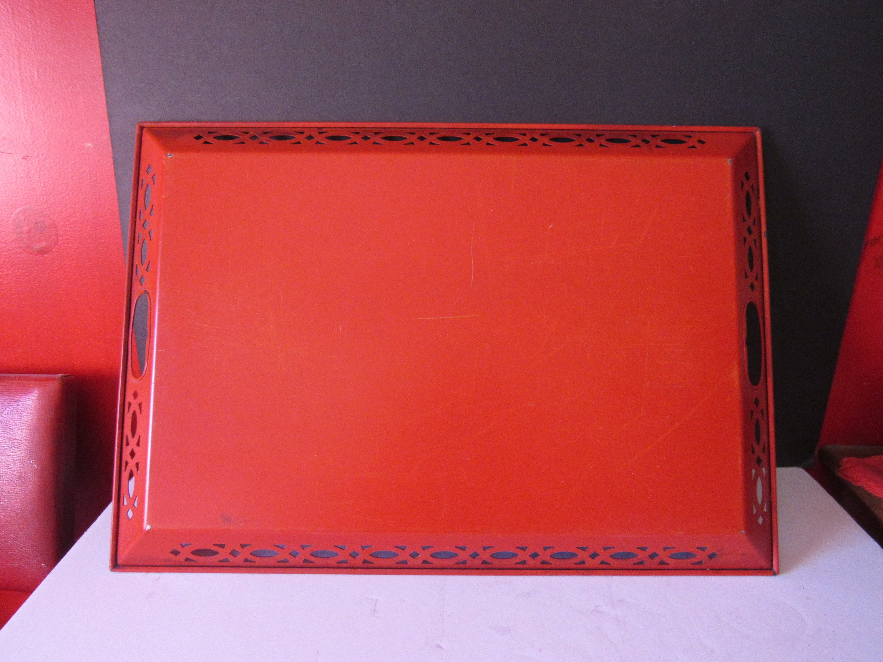 red metal tray