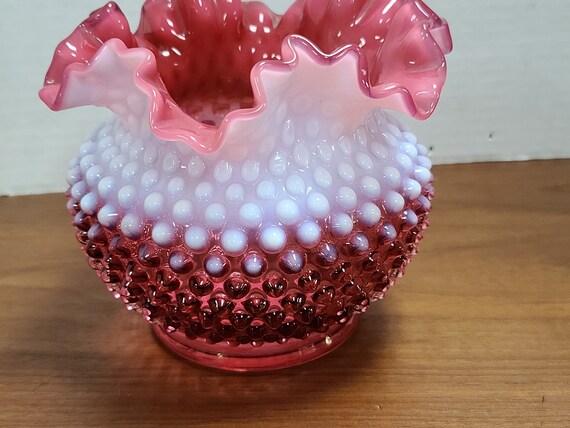 Fenton double crimped cranberry opalescent hobnail vase