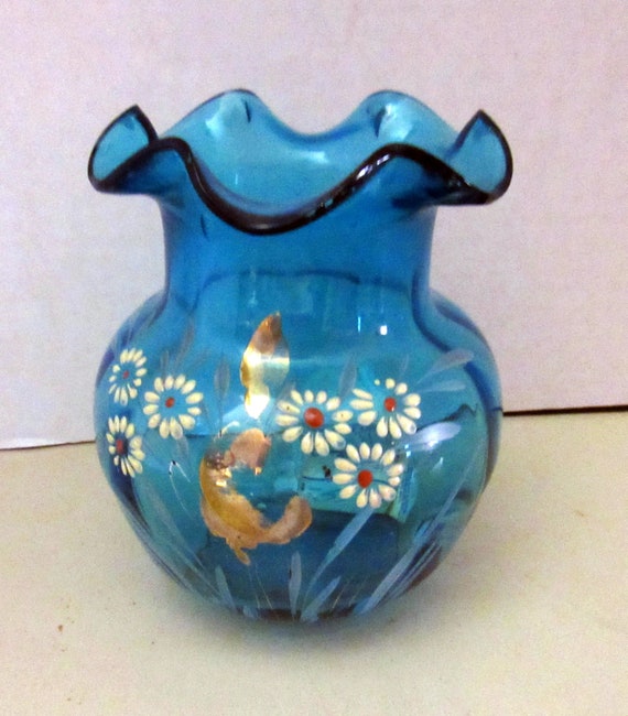 Aqua vase with hand painted design