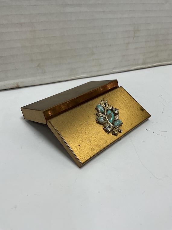 Gold Tone Rhinestone Faux Turquoise Decorated SM. Cigarette Box