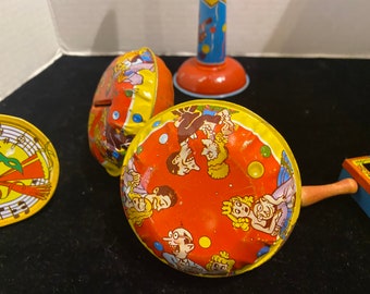 7 Vintage Tin Litho party noisemakers