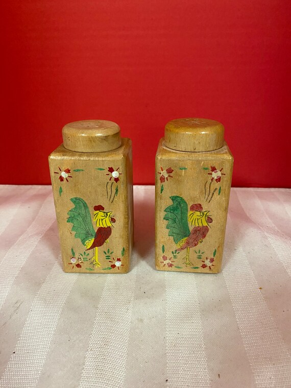 Wood Rooster Salt & Pepper Shakers