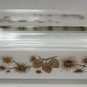 May include: A white rectangular Pyrex baking dish with a clear glass lid. The dish features a brown floral design with pinecones. The lid has a similar, but more faded, design. The dish has handles on each side.