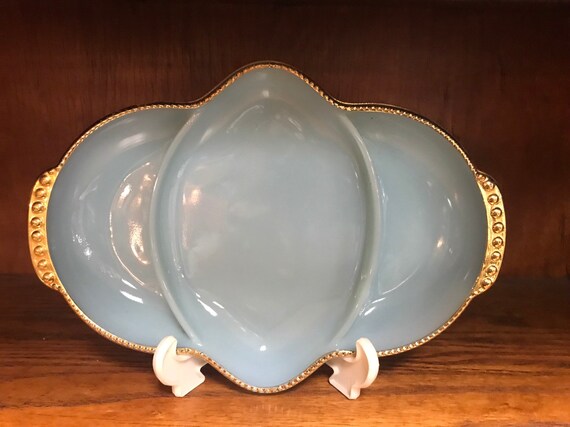 Fire king blue divided serving dish with gold trim