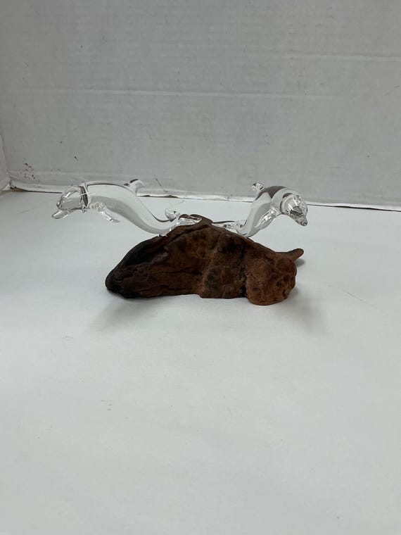 Jumping Crystal Dolphins on Driftwood Base Sculpture