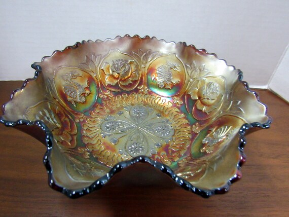 Fenton Dragon and Lotus Carnival Glass footed bowl