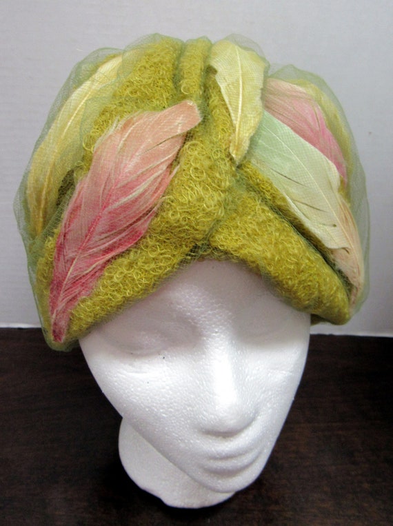 Christian Dior Pastel Feather Turban Hat 1960's