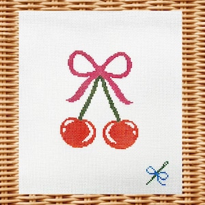 Hand-Painted Needlepoint Canvas – Cherries with Bow Design | 18 Mesh | Preppy Fruit Canvas | Quick & Sweet Stitch