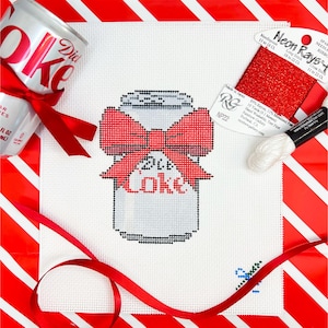 Diet Coke Needlepoint Canvas – Hand-Painted 13 Mesh Soda Can with Red Bow